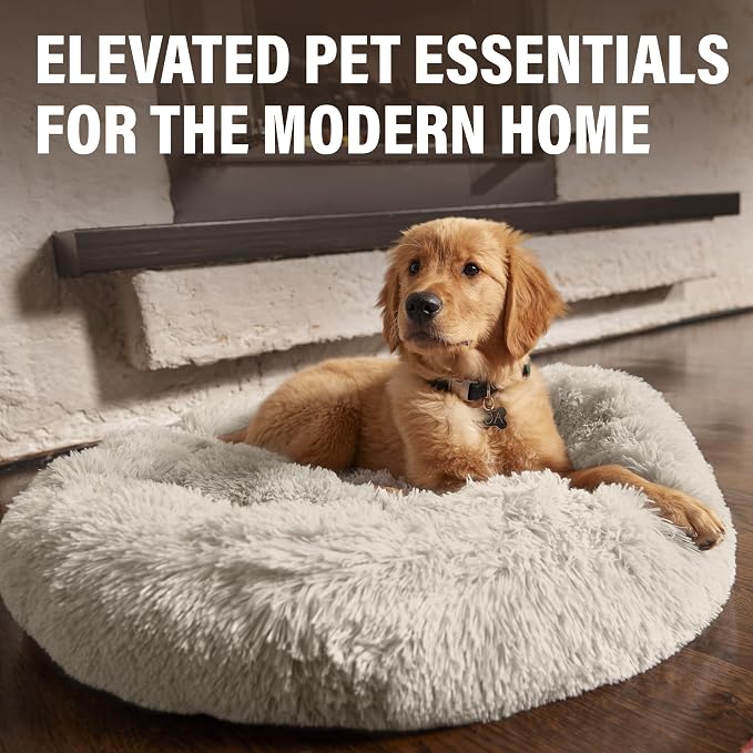 Active Pets Premium Small Donut Dog Bed, Fits Up to 45 lbs, Machine Washable Cushion, Plush Long Pile Faux Fur Fabric, Portable Beige Pet Bed Furniture for Puppies Adult Canines & Cats