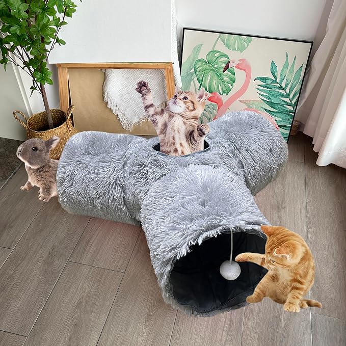 3-Way Collapsible Cat Tunnel Tube Toy Grey Plush — Interactive Play Tunnel with Hanging Ball & Peek Hole for Indoor Cats, Kittens, Puppies & Rabbits | Hours of Fun & Exercise
