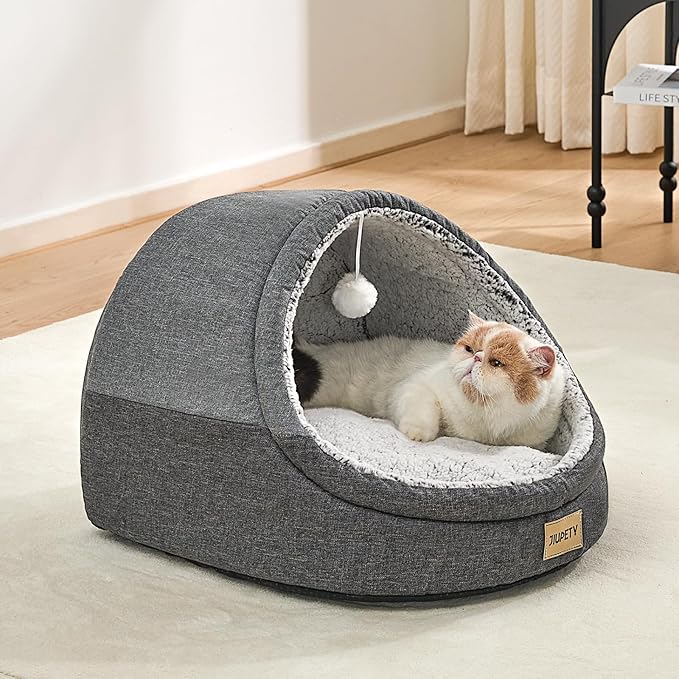 Jiupety Cute Cat Beds for Indoor Cats, Cat Cave Bed for Kittens, Large Cat Cave and Covered Cat Bed with Anti-Slip Bottom, Washable Removable Cushion, M(16"x16"x13"), Dark Gray