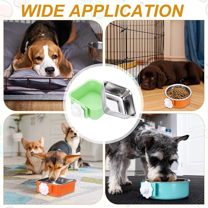 Crate Dog Bowl, Removable Stainless Steel Pet Cage Hanging Anti-Overturn Food Water Feeder Cage Cup (Square, Green, 11.1oz), Intended for Puppies/Cat/Rabbit/Bird