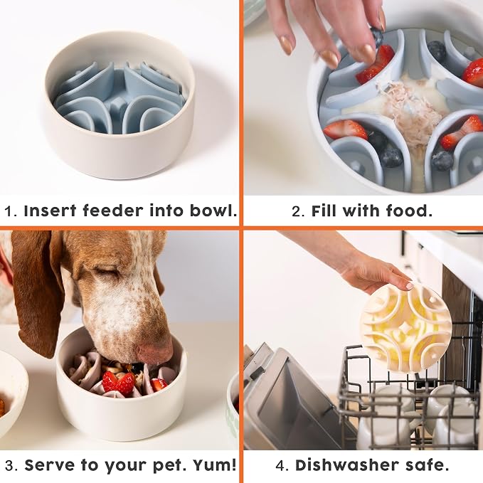 Awoo Great Vibes - Silicone Slow Feeder for Dog Bowls Over 5.5 Inches - Non-Slip, Wet and Dry Food-Compatible Pet Dish with Suction Cups - Extends Mealtime for Fast Eaters - Dishwasher Safe (Almond)