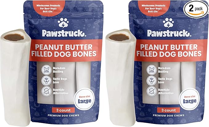 Pawstruck Large 5-6" Filled Dog Bones, Peanut Butter Flavor - Made in USA, Long Lasting Stuffed Femur for Aggressive Chewers, Dental Treat - Pack of 6, Packaging May Vary