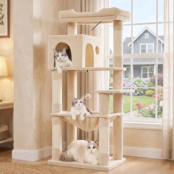 53” Cat Tree for Large Cats 20 lbs+,XL Cat Tower with Scratching Posts,Enlarge Top Bed 23.6”and 21.6”x15”Hammock, Oversized Condo House-XLarge Beige