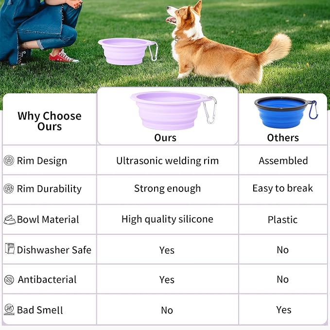 3 Pack Collapsible Dog Bowls,Pet Bowls with Pet Poop Bag Dispenser Set,Portable Silicone Travel Dog Bowls for Walking,Hiking,Camping,Outdoor Travel(Pink&Purple)