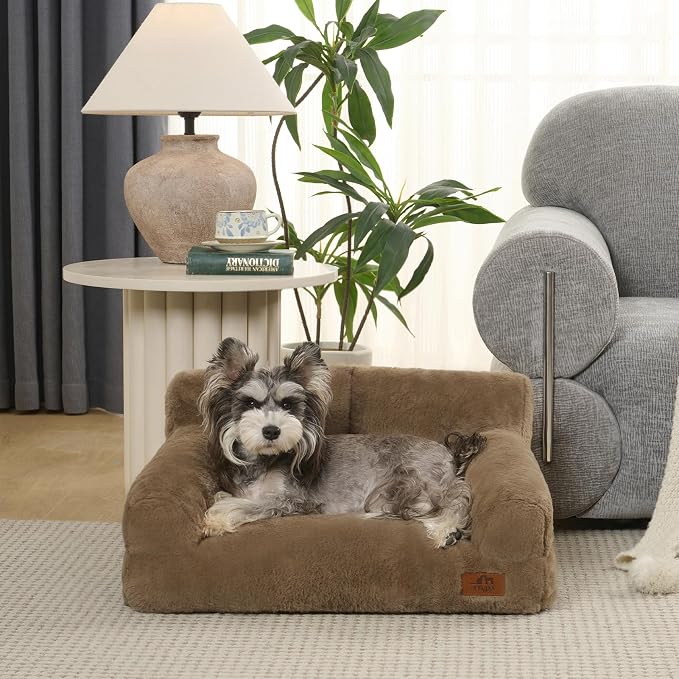 Hollypet Fluffy Dog Cat Bed Pet Couch Beds Plush Soft Warming Washable Puppy Bed for Small Medium Dogs and Large Cats, Dark Brown, 24" L x 18" W x 10" Th