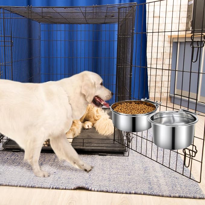 2 Pcs Large Pet Dog Food Water Bowl for Cage Stainless Steel Non-Spill Kennel Hanging Cats Bowls with Clamp Holder Crate Feeder Dish for Medium Large Dogs Huge Pets (7.1x3.7'' & 7.1x2.5'')