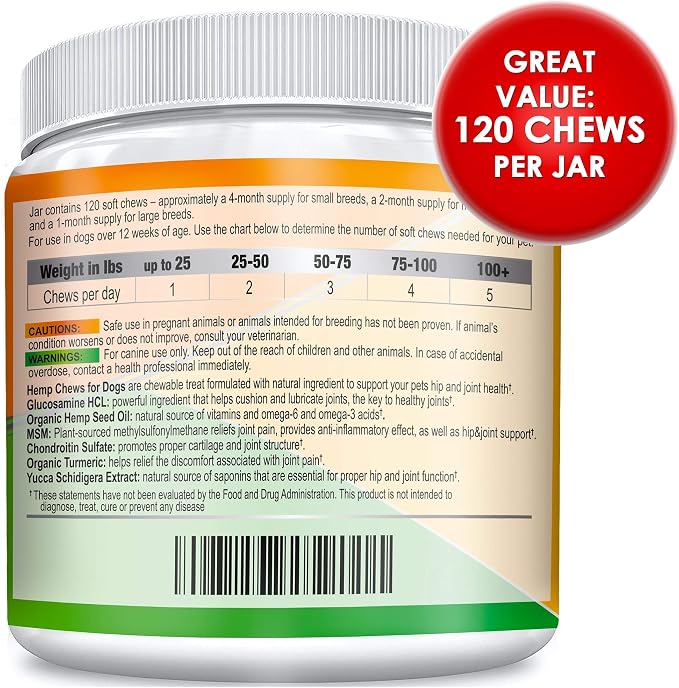 Glucosamine for Dogs Hip & Joint Supplement - Chondroitin, Omega-3, MSM - Joint Health & Pain Relief - Senior & Large Dogs - Made in USA - 120 Count Mobility Chews