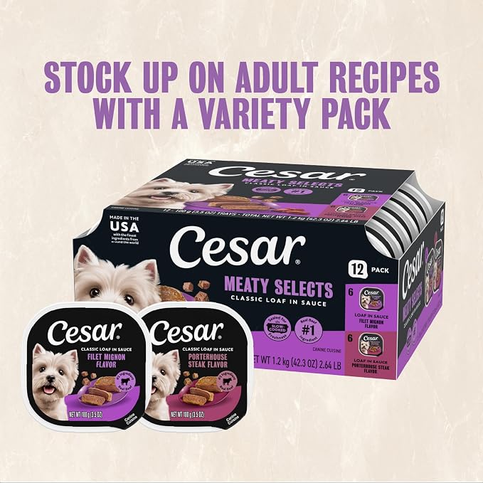Cesar Classic Loaf in Sauce Adult Wet Dog Food, Filet Mignon Flavor and Porterhouse Steak Flavor, 3.5 oz. Easy Peel Trays, Variety Pack (12 Count Pack of 2)