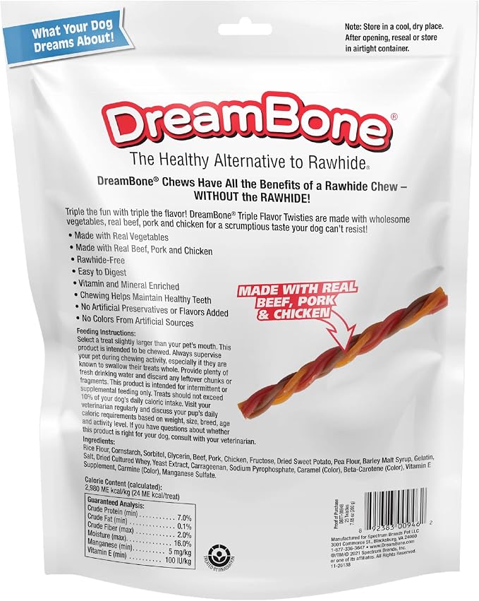 DreamBone Triple Flavor Twisties Dog Treats, Daily Rawhide-Free Chew, Digests Safely, with Real Protein, Beef, Pork, Chicken and Veggies, 25 Count