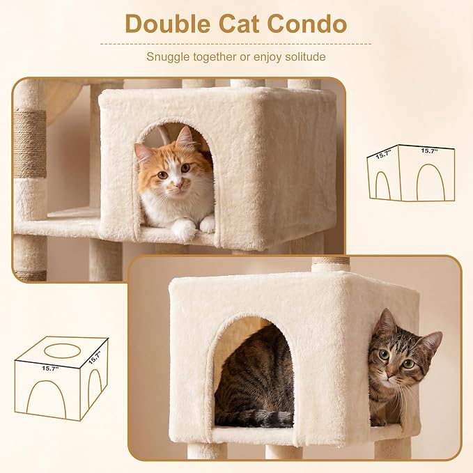 Heybly 68.1" Cat Tree with Oversized Top Platform & Wide Base, Heavy Duty Cat Tower for Large Indoor Cats with 2 Condos, 2 Hammocks, 10 Sisal Scratching Posts, Stable Cat House, Beige HCT059MJ