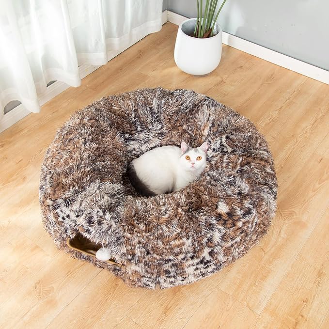 Warm Fluffy Plush Cat Tunnel Bed with Washable Cushion- Big Tube Playground Toys 3 FT Diameter Collapsible, for Indoor Cat Kitty Kitten Puppy Rabbit Ferret Leopard Print