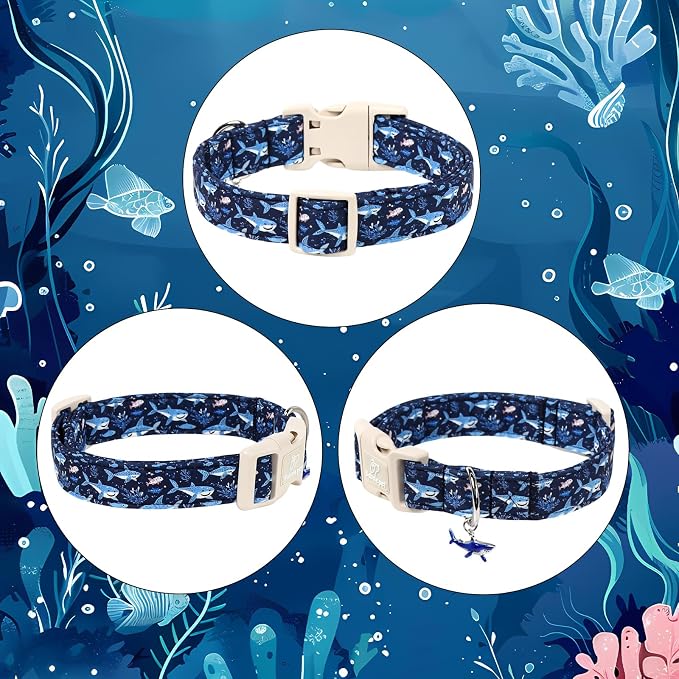 Blue Shark Dog Collar, Cute Boy Dog Collars for Large Dogs - Summer Ocean Pattern Female Male Dogs Collar, Durable Adjustable Pet Cartoon Collars with Quick Release Buckle L