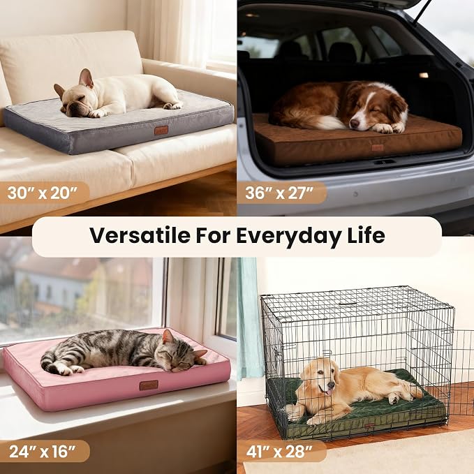 OhGeni Orthopedic Waterproof Dog Bed for Small Dogs, Machine-Washable Removable Cover in Easy-Clean Fabric, Reversible Memory Foam & Easy-Carry Handle, Suitable for Crate, 24 inch (Pink)