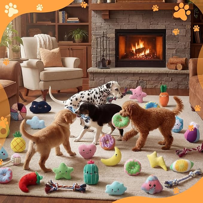 Hungdao 80 Pcs Dog Squeaky Toys Bulk for Small Dog Cute Plush Stuffed Puppy Chew Teething Toys Pet Bundle Easter Gift for Chewing Cleaning & Interactive Play(Rope Style)
