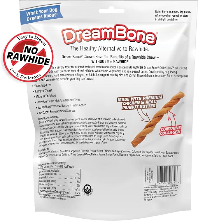 DreamBone CollaYUMS Twists Plus Collagen Chews for Dogs, 20 Count, Treat Your Dog to Rawhide-Free Chews Made with Chicken, Vegetables and Peanut Butter