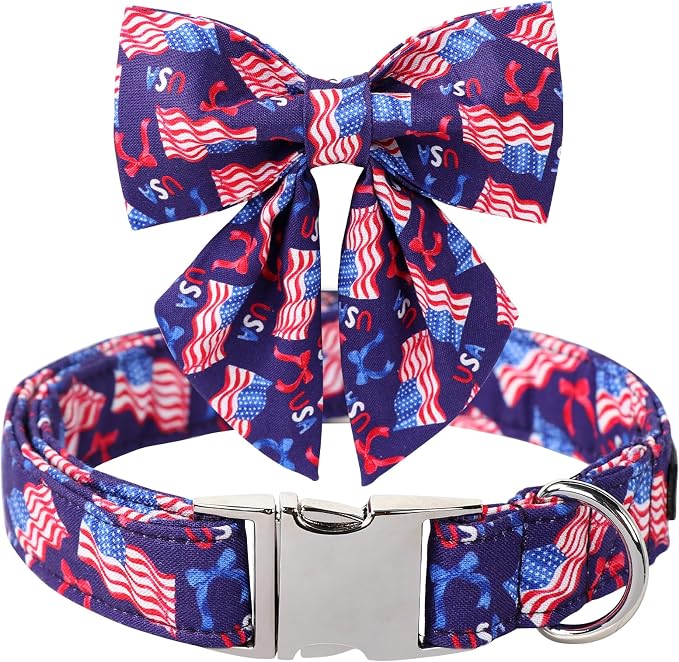 Maca Bates American Flag 4th of July Dog Collar with Sailor Bow 4 of 7 for Dogs Tie Adjustable Durable Flags Patriotic USA Collars Summer Independence Day for Small Medium Large XL Boy Girl Puppy