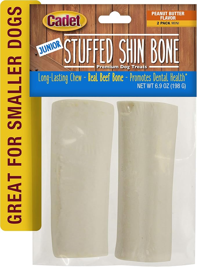 Cadet Junior Stuffed Shin Bones - Highly Digestible, High Protein, Long-Lasting Dog Chew Bone for Aggressive Chewers, Supports Dental Health, - Peanut Butter Flavor, Mini (2 Count)
