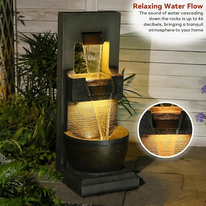 Sunlinua 39H Modern Outdoor Water Fountain with LED Light Garden Cascading Waterfall Feature for Indoor or Outdoor Cascading Waterfall for Relaxing Garden Patio Backyard Deck Porch or Home Décor