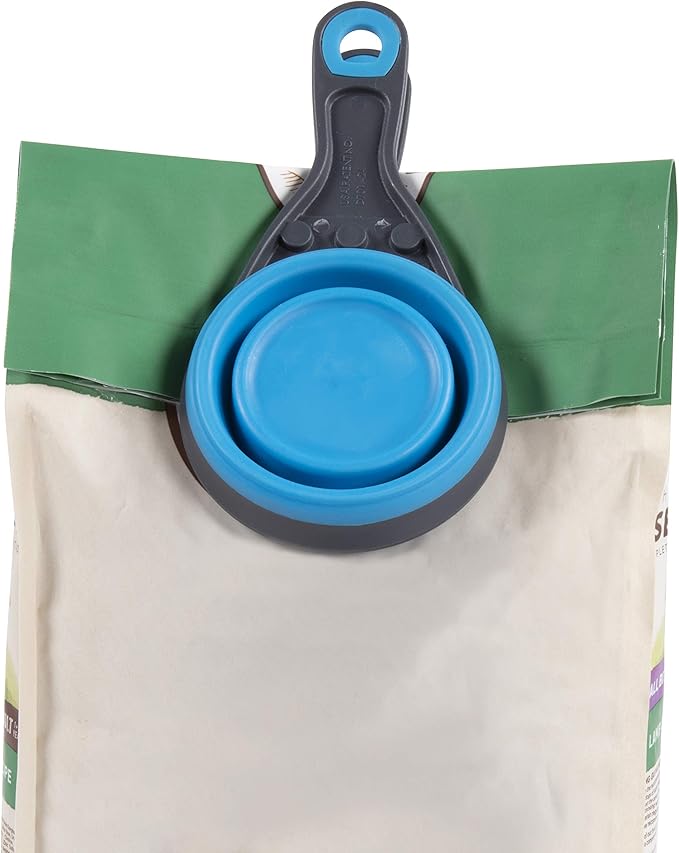 Dexas Pets Collapsible KlipScoop Collapsible Dry Dog Food Scoop and Dog Food Bag Clip, 1 Cup Capacity, Pro Blue (Pack of 2)