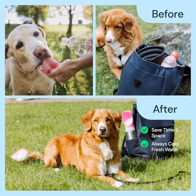 MalsiPree Insulated Dog Water Bottle - 24 Oz, Pink - Leak-Proof Stainless Steel Portable Travel Dispenser & Bowl for Trail Hiking, Park Visit, Camping & Beach Days
