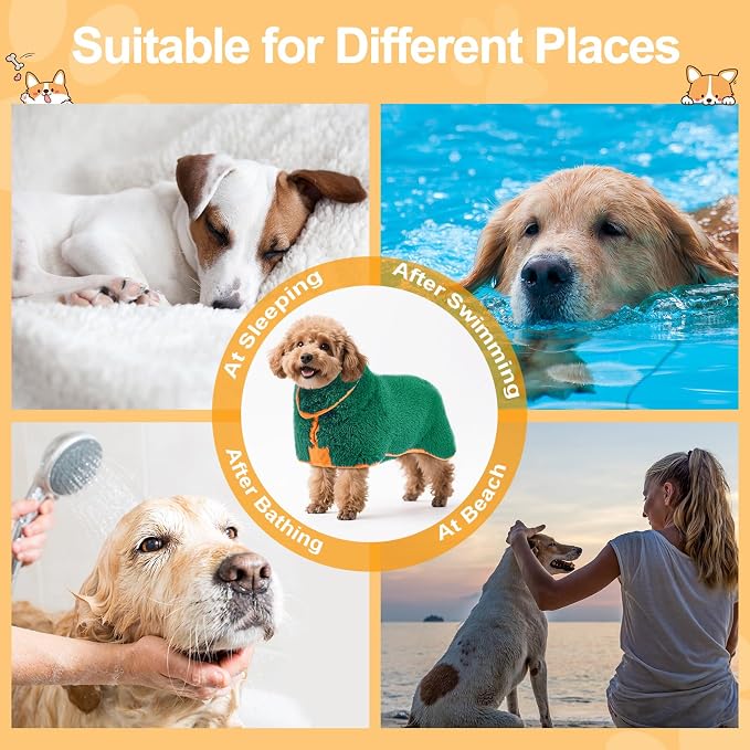 Bienbee Dog Bathrobe, Quick Drying Super Absorbent Pet Robes for Small Medium Large Dogs, Drying Coat for After Bath & Swim, Warm & Cozy Dogs Towels, Dog Puppy Bath Supplies, Green S
