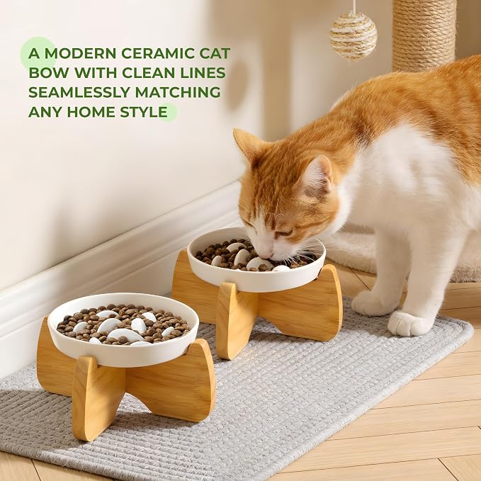 Raised Slow Feeder Cat Bowl with Stand, 6.3'' Wide Ceramic Elevated Shallow Slow Eating Cat Bowl for Dry/Wet Food, Anti-Vomiting Pet Puzzle Feeder, Whisker Friendly, Dishwasher Safe (2 Pack)