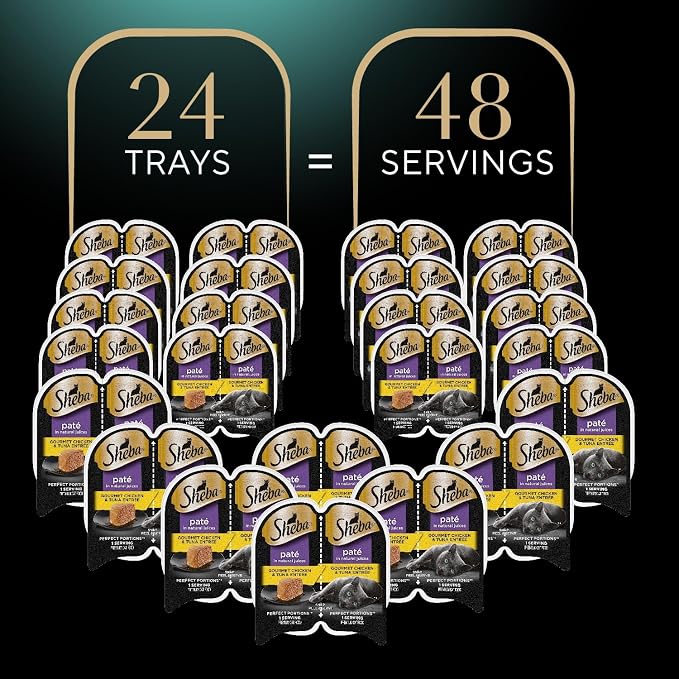 Sheba Perfect Portions Wet Cat Food Pate Gourmet Chicken & Tuna Entree, 2.6 oz. Twin-Pack Trays, Cat Food Wet Recipe (24 Count, 48 Servings)