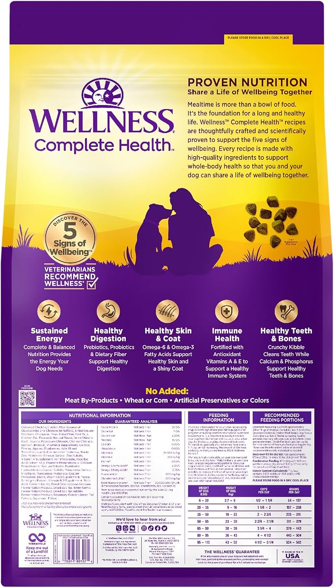 Wellness Complete Health Adult Dry Dog Food, Grain Free Kibble, Natural, Chicken Recipe, 22 lb Bag