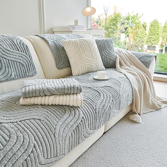 OTOB All Season Couch Cover for Dogs Washable, Non Slip Ultra Soft Plush Pet Couch Covers for 3 Cushion Couch Sofa, Cozy Fuzzy Sofa Slipcovers Furniture Protector, 1 Piece(Light Gray, 35.4"x70.9")