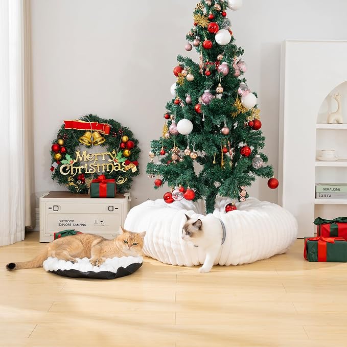 Avont Cat Tunnel Bed for Indoor Cats, Plush Fluffy Kitten Donut Tunnel 3 Shape to Play, Large Kitty Circle Tunnel Under Christmas Tree, Cat Play Toys Gift Ideas -White Short-Pile