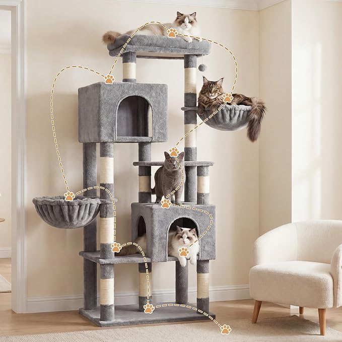 Heybly 68.1" Cat Tree with Oversized Top Platform & Wide Base, Heavy Duty Cat Tower for Large Indoor Cats with 2 Condos, 2 Hammocks, 10 Sisal Scratching Posts, Stable Cat House, Light Gray HCT059W
