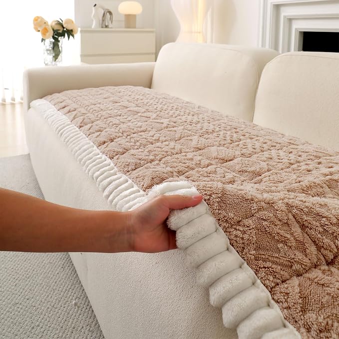 OTOB All Seasons Sofa Covers for 3 Cushion Couch Washable, Geometric Jacquard Fuzzy Non-Slip Pet Couch Cover, Kids Pet Friendly Soft Plush Sofa Slipcovers Dog Bed Mats (Camel, 27.6" x 70.9")