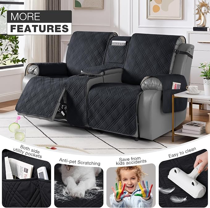 TAOCOCO Waterproof Loveseat Recliner Cover with Console, Non-Slip Reclining Loveseat with Console Cover with Pocket, Split Recliner Sofa Covers Furniture Protector for Pets Dogs(2 Seater, Black)