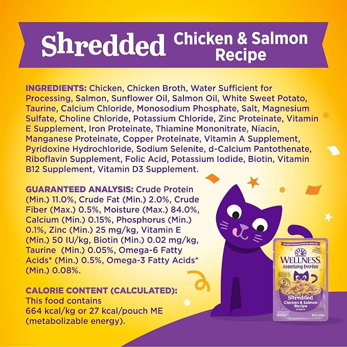 Wellness Appetizing Entrées Shredded Adult Wet Cat Food, Natural, Protein Rich, Grain Free, Chicken and Salmon Recipe, 1.4 oz, Pack of 8 Pouches