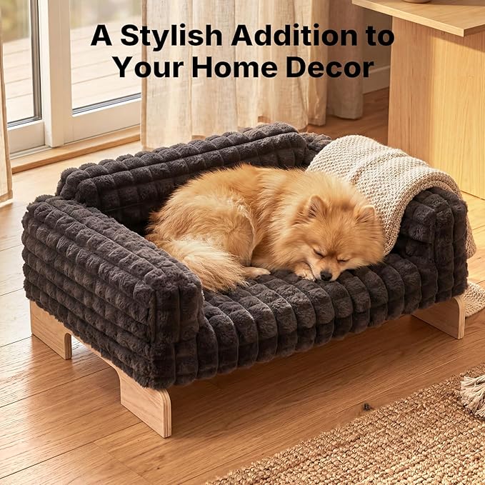 Veehoo Elevated Cat Bed Indoor, Wood Furniture Style Cat Couch Sofa with Removable Washable Cover, Cute & Fluffy Small Cats Bed Furniture for Home