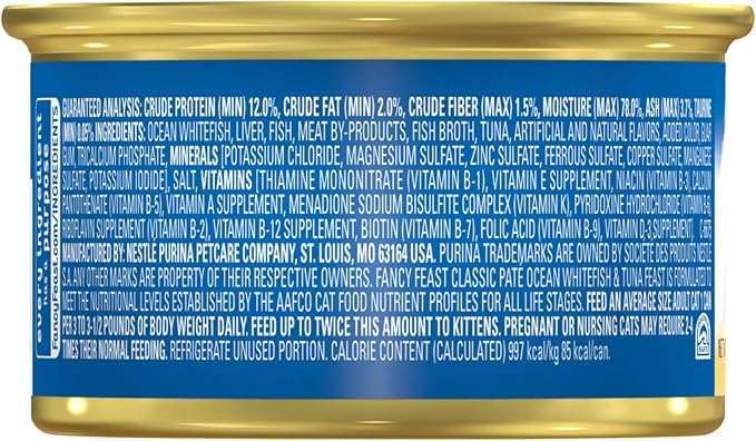 Purina Fancy Feast Classic Pate Ocean Whitefish and Tuna Feast Classic Grain Free Wet Cat Food Pate - (Pack of 24) 3 oz. Cans