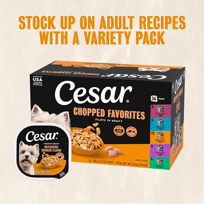 Cesar Filets in Gravy Adult Wet Dog Food Variety Pack, Poultry Lovers with Rotisserie Chicken Flavor and Turkey Recipe, 3.5 oz. Easy Peel Dog Food Tray, 12 Count (Pack of 2)