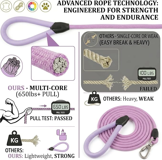 Walking Lead 5ft, Purple Pet Leash for Dogs,Only Leather Mold Handle Design, Ergonomic Soft Touch Grip,Reinforced Heavy Duty Webbing,Stylish Daily Training Lead,Elegant Bright Colors(Lavender,5 FEET)