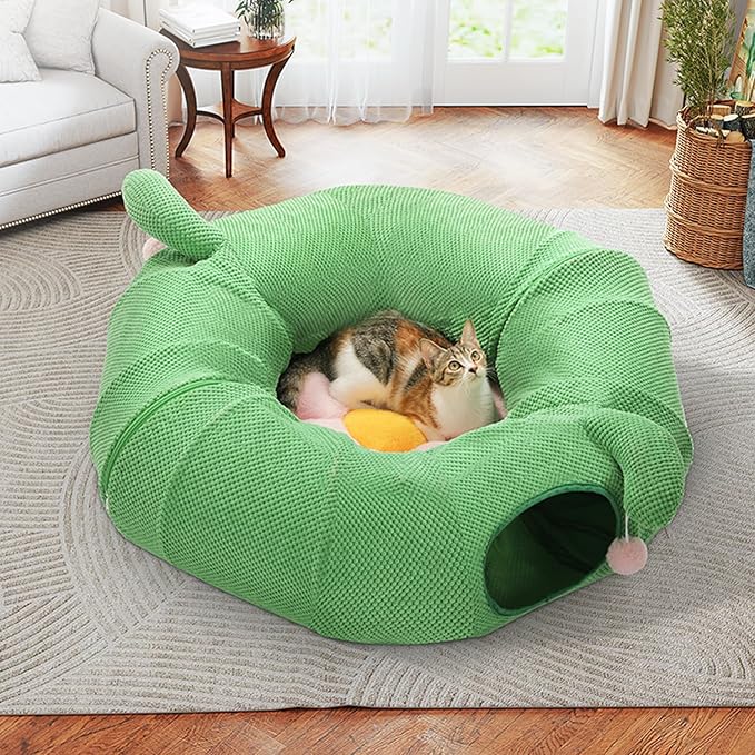 PAWZ Road Cactus Cat Donut Tunnel Collapsible Cat Tunnel Tube, Dia-38 inches with Flower Soft Mat for Indoor Cats and Rabbits