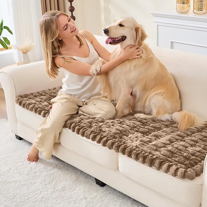 Waterproof Dog Couch Cover, Non Slip Pet Sofa Protector, Thick Fuzzy Couch Cover for Dogs, Machine Washable Furniture Protector, Scratch Resistant Pet Couch Mat(Leather color, 28" x 71"/70 x 180cm)
