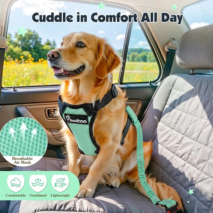 Pawaboo Dog Seat Belt Harness for Car, Dog Car Harness Seatbelt with Double Clips, Adjustable Breathable Pet Vest & Dogs Safety Tether with Elastic Bungee for Small Medium Large Pet, S, Blue + Black