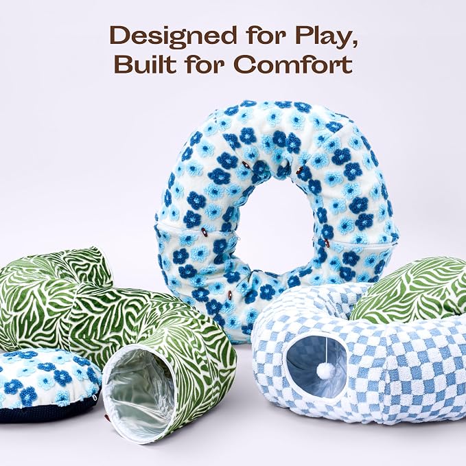 Meowfia Indoor Cat Tunnel with Donut Bed - Large Flexible Play Space for Multiple Pets - Circle or Snake Shape, Cozy Lounge (Blue Blossom)