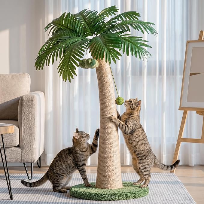 43 Inch Tall Cat Scratching Post for Indoor Large Cats, Natural Sisal Scratch Post with Hanging Toys, Stable Base Cat Scratcher for Kittens & Adult Cats, Tropical Cat Tree Furniture