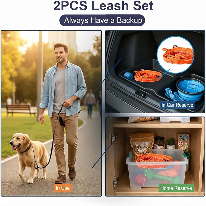 2 Pack Dual Handle Dog Leash, 6ft x 1in Heavy Duty Reflective Nylon Leash with Padded Grip, Traffic Handle, D-Ring, Tangle-Free Dog Lead for Small, Medium & Large Dogs, Safe Night Walks (Black+Orange)