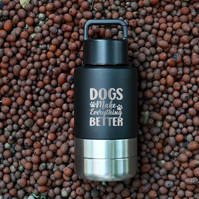 KEWIXY Insulated Dog Travel Water Bottle With Detachable Bowls, Ideal Gifts for Dog Lovers, Portable Water Bottle Dispenser, For Walking, Hiking, Camping, Outdoor (Black:Dogs Better, 32 Oz)