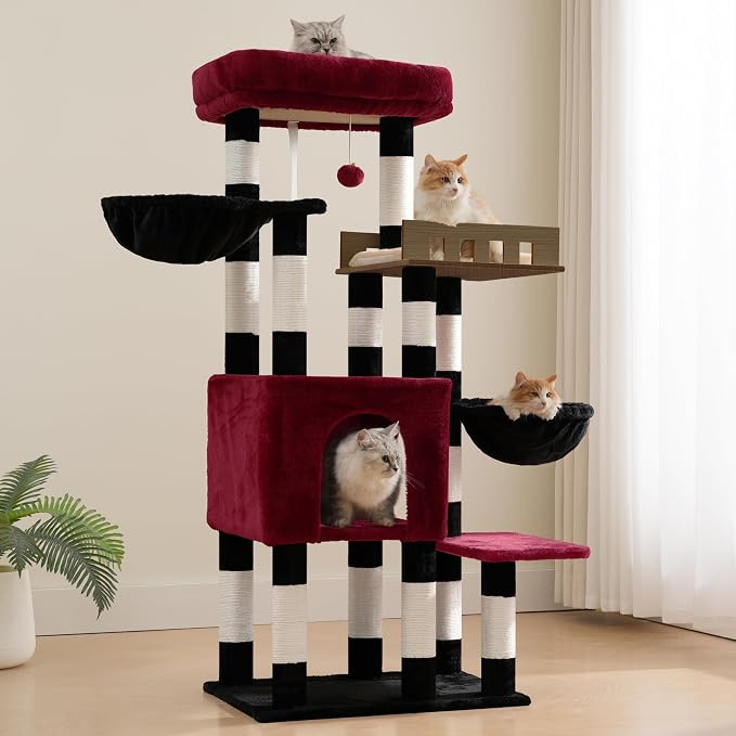 Gitelsnour Cat Tree for Indoor Cats Large Adult, Heavy Duty Cat Tree for Large Cats 20 lbs+, Cat Condo with Big Wooden Perch, Cat Tower with 14 Scratching Posts, Hammock, Black GCT023BR