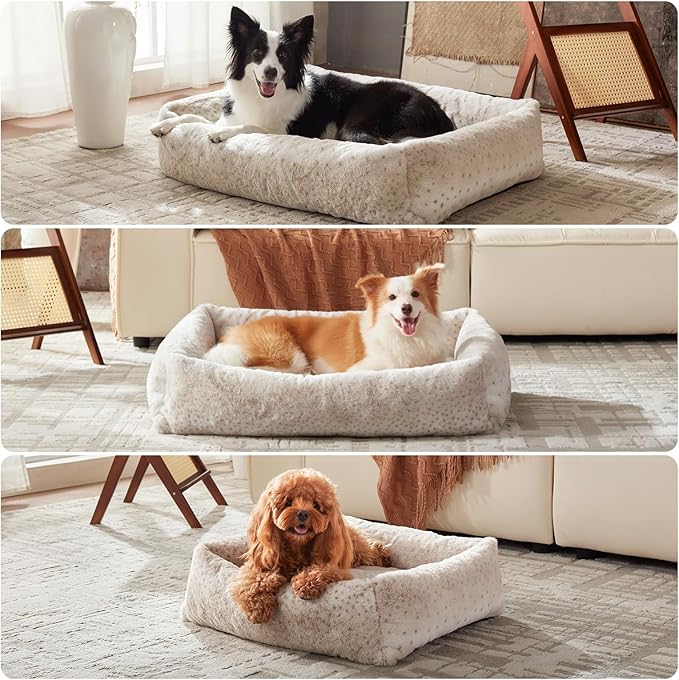 JOEJOY XL Dog Beds Large Sized Dog, Removable Washable Cover Orthopedic Soft Faux Rabbit Fur Pet Bed, Anti-Slip Fluffy Plush Faux Rabbit Fur Puppy Bed, 42"x36"x9", Leopard Print, Beige