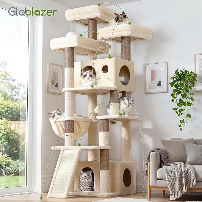 Globlazer Heavy Duty Cat Tree, 73inch Sturdy Cat Tower with Scratching Post for Indoor Multiple Cats, Maine Coon Cat Tree with Cat Perch, Basket, Cat Condo for Adult Cats Kittens, F73C, Beige