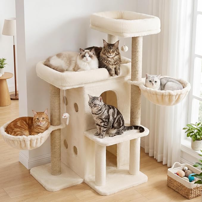 Heybly Cat Tree with Reinforced Big Base, 41.3-Inch Sturdy Cat Tower for Indoor Cats Featuring 2 Roomy Platforms, Double Cat Condo, 2 Cozy Baskets, Full Sisal Scratching Posts, Beige HCT075MJ