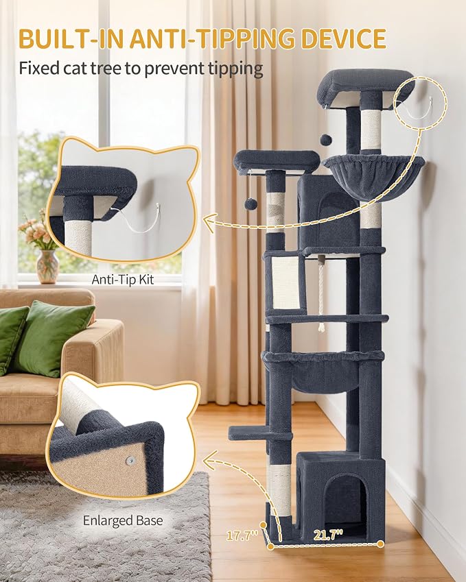 Hzuaneri Large Cat Tree, 72 Inch Tall Indoor Cat Tower for 6 Large Cats, Corner Climbing Activity Pet Condo with 2 Large Platforms/2 Cats House/6 Scratching Post/1 Hanging Basket, Dark Gray MS18318SG